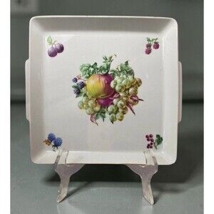 Vintage Naaman Israel Porcelain Serving Tray Square Fruit Motif Gold Trim 10”￼